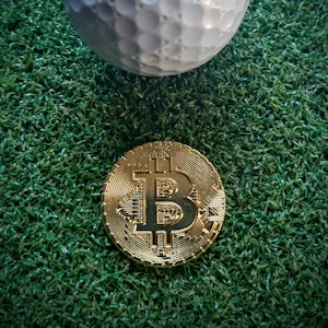 Puede incluir: Una moneda de Bitcoin de color dorado sobre una superficie de césped artificial verde. Una bola de golf blanca está encima de la moneda.