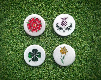 English Rose, Scottish Thistle, Irish Clover, Welsh Daffodil. Custom engraved metal golf ball marker. Lapel badge. British flowers gift.