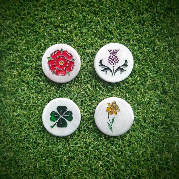 Aluminium or Steel custom engraved golf ball marker - English Rose, Scottish Thistle, Irish Clover, Welsh Daffodil. British flowers trinket.