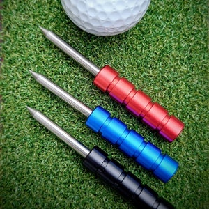 Multi function Anodised Aluminium & Steel golf groove cleaner spike, divot tool, pitch mark repair prong - Laser engraved personalisation.