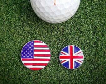 Personalised golf ball marker: Steel magnetic USA or British Union Jack enamel flag with custom engraving. EDC coin. Game token, game piece.
