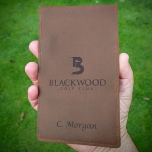 Personalised leather golf scorecard holder, tour size yardage book cover - Laser engraved name or logo. Golfer gift. Junior golf prize.