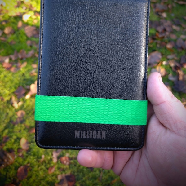 Personalised golf scorecard yardage book holder - Black & Masters Green. Laser engraved with your name or initials. Custom golf book cover.