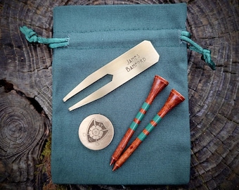 Personalised Brass golf gift set - Engraved ball marker, divot tool, retro tees & bag | Wedding anniversary gifts | Golfer birthday present.