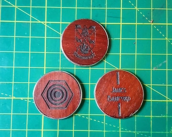 Custom golf ball marker Mahogany & Stainless Steel - Laser engraved personalisation. EDC Decision coin. Wood anniversary gift. Couples gift.