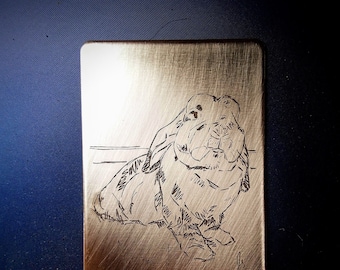 Laser engraved art image conversion, illustration or sheet music on Copper, Steel or Brass metal plaque. Wedding announcement card.