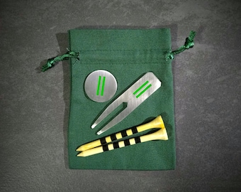Personalised Steel golf gift set - Custom engraved ball marker, divot tool, retro tees & bag | Wedding anniversary | Golfer birthday present