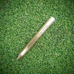 Brass golf divot tool, pitch mark repairer, single prong "The Pencil" - Personalised with custom engraved text. Wedding day signing gift.