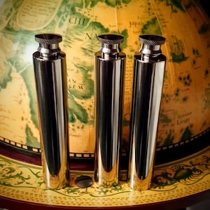 Stainless steel cylindrical hip flask - 2 fl oz 60 ml with laser engraved initials personalisation. Best man gift. Whisky brandy rum flask.