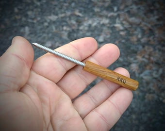 Hardwood & Stainless Steel single prong golf divot tool, pitch mark repairer - Oak or Walnut with laser engraved initials. Golf tour gift.