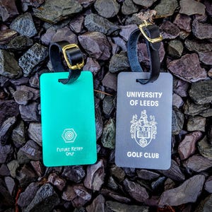 Custom metal golf bag tag any design - Aluminium, various colours, leather strap - Personalised laser engraving | Luggage tag | Golf gifts.