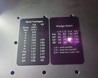 Golf yardages chart - Laser engraved metal scorecard holder card or bag tag | Junior golfer gifts | Golf wedge game improvement.