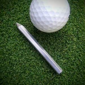 Personalised metal "Pencil" single prong golf divot tool, pitch mark repairer. Engraved text. Graduation gift. Writers tool. Wedding day.