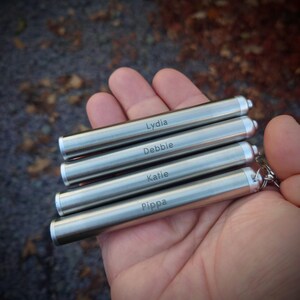 Pu&ograve; includere: Quattro tubi cilindrici argentati incisi con i nomi: Lydia, Debbie, Katie e Pippa. I tubi sono collegati da un piccolo anello di metallo. Lo sfondo &egrave; sfocato, suggerendo un ambiente esterno.
