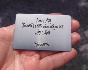 Laser engraved plaque - STEEL. Personalised metal wallet card. Handwriting art conversion. Wedding date. Anniversary gift. Memorial bench.