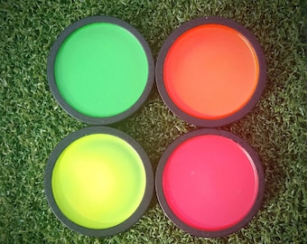 Personalised Wood & Ultra Violet glow paint marker disk - Engraved text or logo. Golf ball marker. Cosplay gift. UV neon clubbing jewellery.