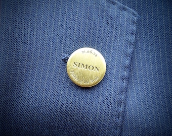 Custom engraved lapel pin badge brooch. Brass, Copper, Steel or Aluminium. Personalised badge - Laser engraved logo or crest. Wedding gift.