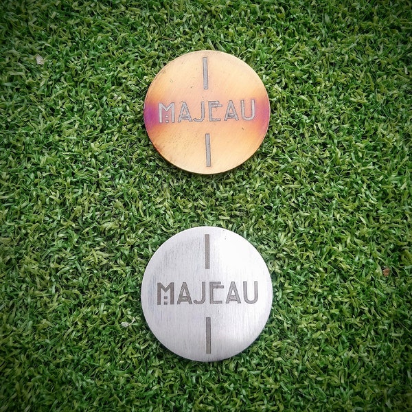 Personalised Stainless Steel golf ball marker - Laser engraved text or logo. Board game piece, wedding anniversary gift, love token.