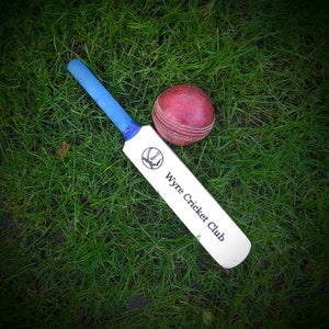 Cricket bat with laser engraved personalisation. Cricketer gift. Sporting club memento. Century, 5 wickets trophy. Corporate prize award.