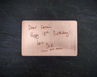 Laser engraved plaque - COPPER. Personalised metal wallet card. Handwriting art conversion. Wedding date. Anniversary gift. Memorial bench.