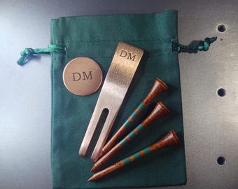 Personalised Copper golf gift set - Engraved ball marker, divot tool, retro tees & bag | Wedding anniversary | Golfer birthday present.