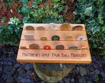 Cherry hard wood golf ball marker display stand - Laser engraved personalisation | Challenge coin plinth | Unique handmade golf gifts.