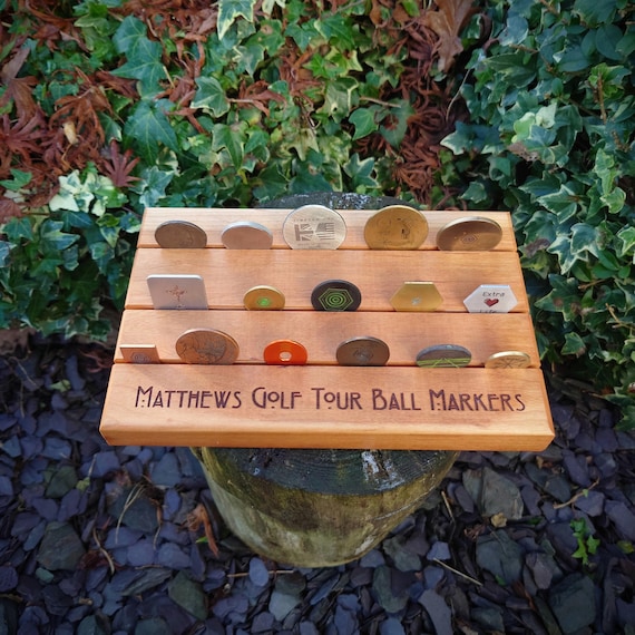Cherry hard wood golf ball marker display plinth - Laser engraved personalisation. Challenge coin stand. Presentation board. Golfer gift.