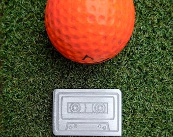 Tape Cassette - Laser engraved personalisation. Retro 80s 90s video computer gaming. Geek gift. Golf ball marker. Pin badge. Cosplay.