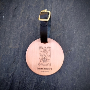 Bespoke metal golf bag tag any design - COPPER - Custom personalised laser engraving. Wedding luggage. Anniversary gift. Best man gift.