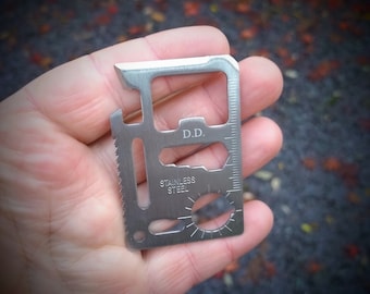 Stainless Steel multi tool card - Laser engraved personalisation. Bottle opener, screwdriver, wrench. Survival tool, camping gadget gift.