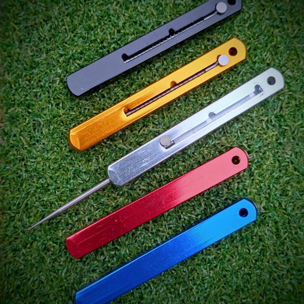 Multi function Anodised Aluminium & Steel golf groove cleaner spike, divot tool, pitch mark repair prong - Laser engraved personalisation.