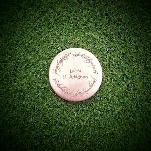 Lord of the Rings personalised metal golf ball marker or pin badge - UV glow paint engraved elvish name. Game piece. Geek gift. Cosplay.