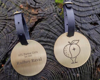Bespoke Brass metal golf bag tag any design, leather strap and custom personalised laser engraving | Wedding luggage | Anniversary gift.