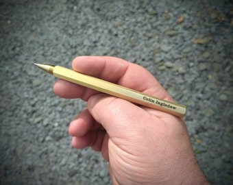 Brass retro hexagonal pen - Personalised name laser engraving. Author writing tool. Graduation gift. Golf score card pen. Brass anniversary.