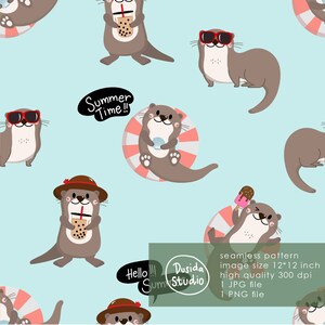 Patrón sin costuras de una adorable nutria en vacaciones de verano. Papel digital con personajes de dibujos animados en formato JPG y PNG.