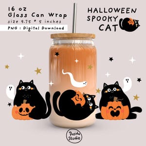 Spooky Cat Halloween Cup Wrap PNG: Kawaii Tumbler Design (Digital Download)