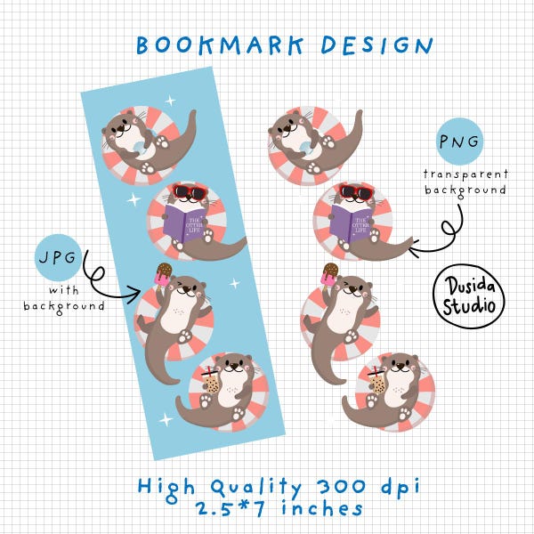 Otter Summer Bookmark, PNG JPG (Digital Download)
