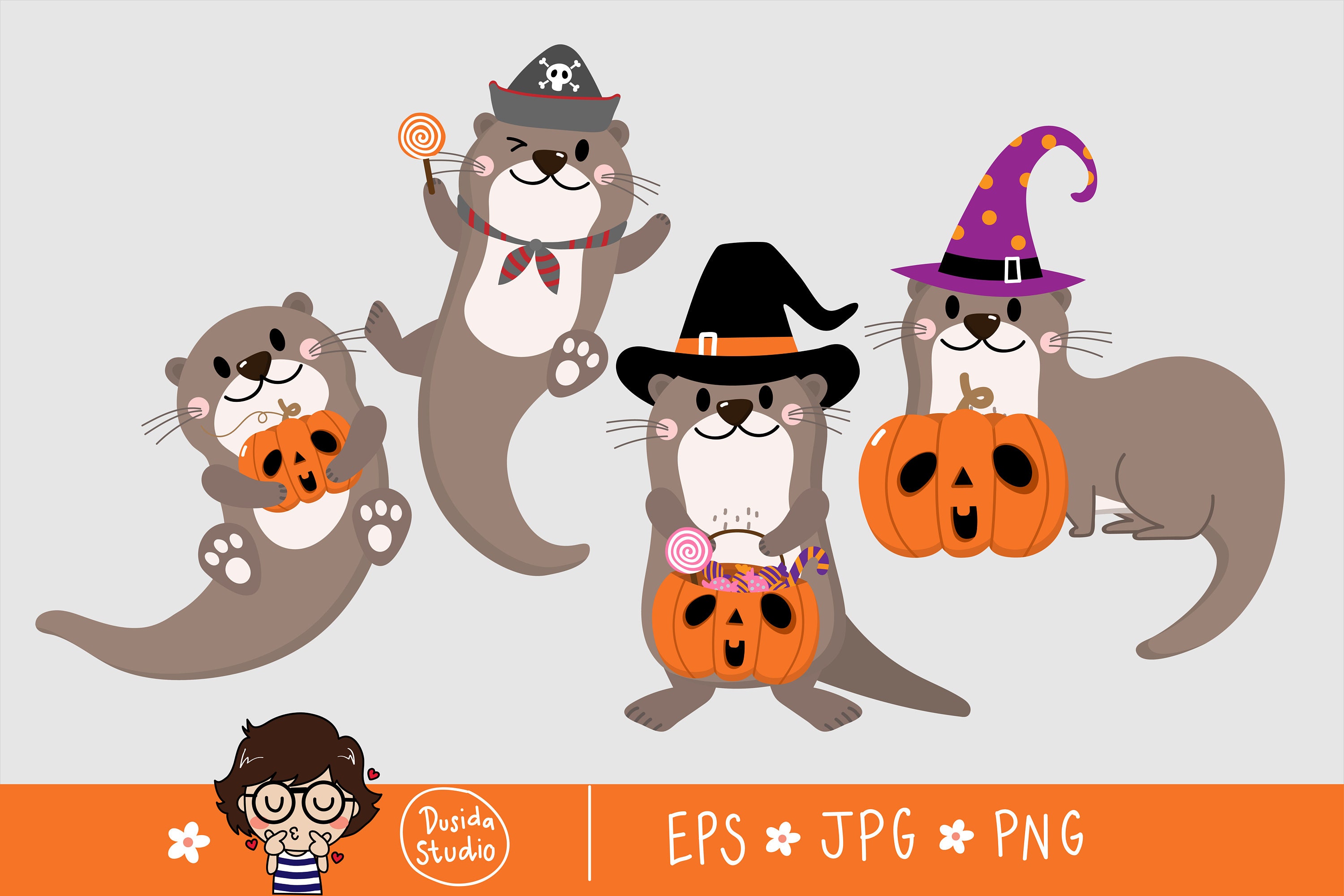 Cute Otter in Halloween Costume With Pumpkin. Animal Holidays Etsy