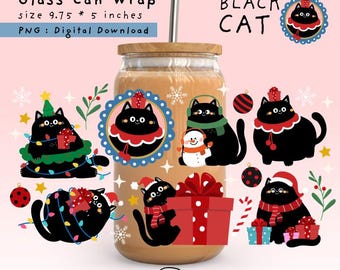 Opakowanie na kubek z motywem czarnego kota o pojemności 16 uncji w stylu świątecznym PNG: Kawaii Xmas Ornament Design (pobranie cyfrowe)