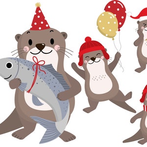 Cute otters with gift in Christmas holidays costume. Animal clipart in png, jpeg and eps files.