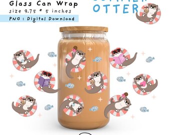 Cute Summer Otter 16oz Cup Wrap PNG, Tumbler Design, Summer Otter Iced Coffee Wrap, Kawaii Otter on Swim Ring Glass Can Wrap PNG