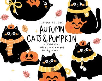 Halloween Black Cat Clipart: Spooky Autumn Cat & Pumpkin PNG (Digital Download)