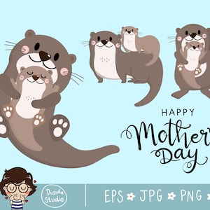 Cute mom otter and baby png, jpeg and eps files. Happy mother's day cartoon character.