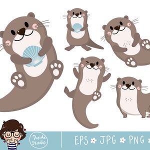 Süßes Otter und Schalentier Clipart. Tier Comicfigur in png, jpeg und eps.