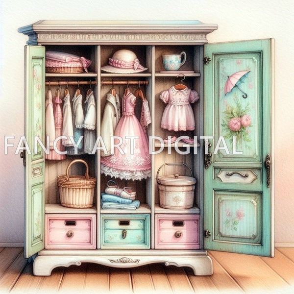 Shabby Chic Watercolor, Baby Girl Closet, Girl Dresses Image, Retro, Vintage Closet, Clipart, Digital Package, Download Printable Wall Art