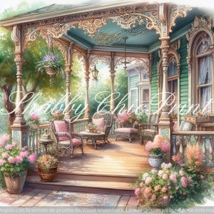 immagini del portico vintage shabby chic dell'acquerello, clipart, kit stampabile, download digitale istantaneo, arte della parete, immagini della casa vittoriana, portico accogliente