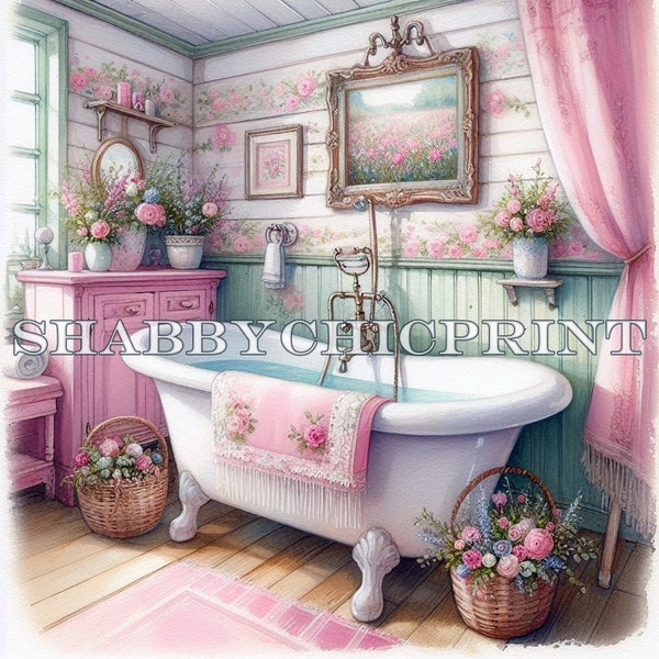 Shabby Chic Watercolor, Pink, Green, Retro Bathroom, Vintage clipart, Watercolor Clipart, Digital Bundle, Download Printable Wall Art