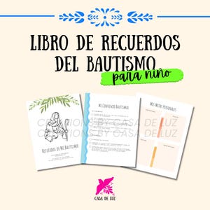 May include: A three-page baptism memory book with the title "LIBRO DE RECUERDOS DEL BAUTISMO para niño." The first page features a line drawing of a person with a staff. The second page has a checklist. The third page has goal sections.
