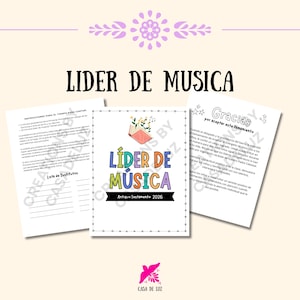 May include: A set of three printed pages with the title "LIDER DE MUSICA" in large, colorful letters. The central page features the title and the text "Antiguo Testamento 2026". The other pages contain text in Spanish.