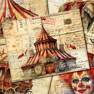 Junk Journal Printable, Victorian Circus , Collage Papers, Circus , Vintage Junk Journal Digi Kit, Clown, Elephant, Trapeze Artist